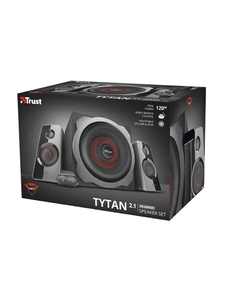 Trust Gaming GXT 38 Tytan 2.1 Ultimate Bass Speaker Set, Wooden subwoofer for rich and powerful sound, 120w - Black