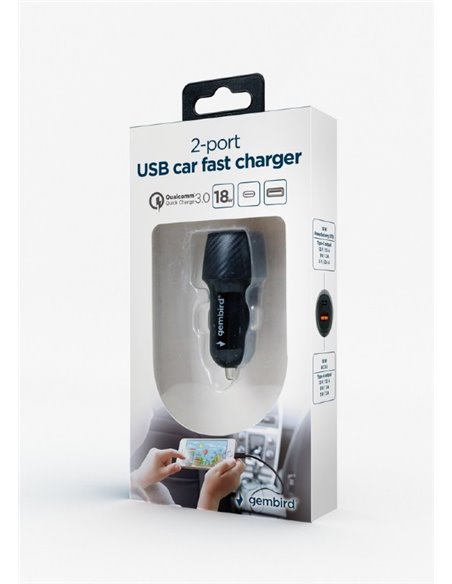 USB Car Charger - TA-U2QC3-CAR-02, 2-port USB car fast charger, Type-C PD, 18 W, black