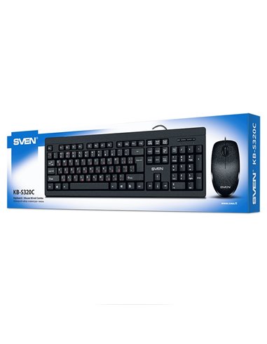 SVEN KB-S320C, Keyboard 104 keys + Mouse (Optical 800 dpi, 3+1 (scroll wheel)), Waterproof design, 1.5m, USB, Black, Rus/Ukr/Eng