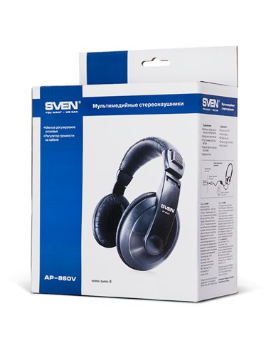 SVEN AP-860V, Stereo headphones with the volume control, 3.5 mm (3 pin) stereo mini-jack, 2.5 m, Black