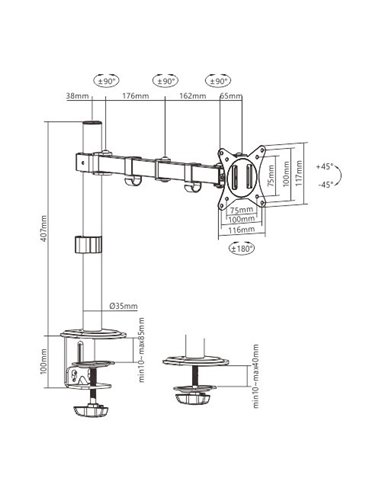 Arm for 1 monitor 17”-32” Gembird MA-D1-01, Adjustable desk display mounting arm (rotate, tilt, swivel), VESA 75/100, up to...