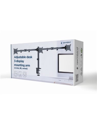 Arm for 3 monitors 17”-27” Gembird MA-D3-01, Adjustable desk 3-display mounting arm (rotate, tilt, swivel), up to 7 kg, VES...