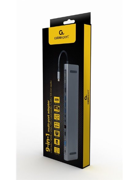 Многопортовый Адаптер Gembird A-CM-COMBO9-01/ USB-C/ 5xUSB-A/ 1xUSB-C/ HDMI/ VGA/ RJ45/ miniJack 3.5mm/ SD/ microSD