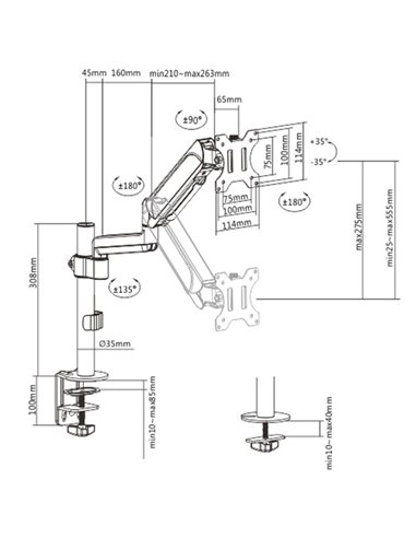 Arm for 1 monitor 17”-32” - Gembird MA-DA1P-01, Adjustable desk display mounting arm, Gas spring 2-9 kg, VESA 75/100, arm rot...
