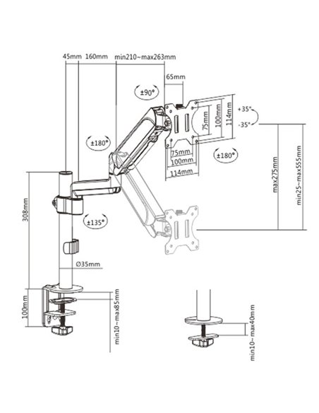 Arm for 1 monitor 17”-32” - Gembird MA-DA1P-01, Adjustable desk display mounting arm, Gas spring 2-9 kg, VESA 75/100, arm rot...