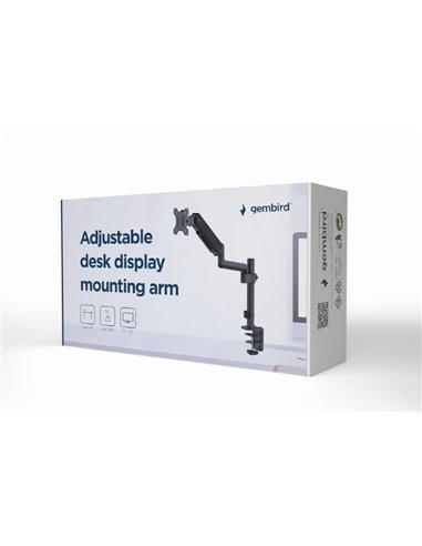 Arm for 1 monitor 17”-32” - Gembird MA-DA1P-01, Adjustable desk display mounting arm, Gas spring 2-9 kg, VESA 75/100, arm rot...