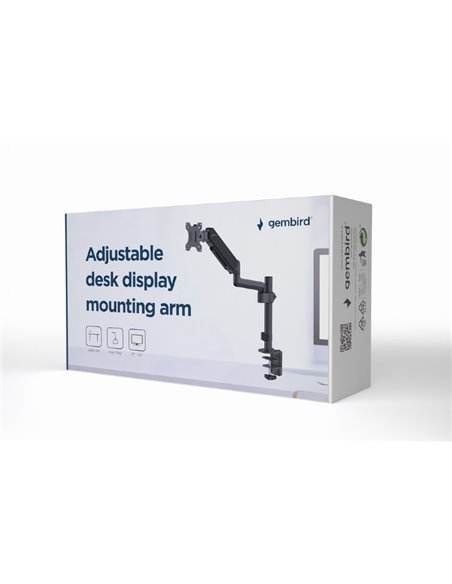 Arm for 1 monitor 17”-32” - Gembird MA-DA1P-01, Adjustable desk display mounting arm, Gas spring 2-9 kg, VESA 75/100, arm rot...