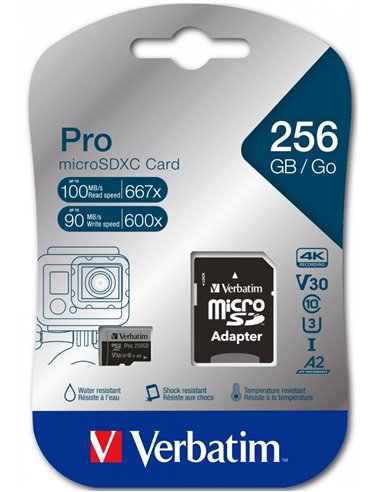 Карта памяти microSD 256GB Verbatim Pro U3, 90MB/s, + SD Adapter