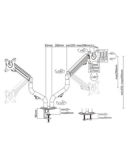 Arm for 2 monitors 17”-32” - Gembird MA-DA2-02, Steel (1.35 mm), Gas spring 2-8 kg per screen, VESA 75/100, arm rotates, exte...