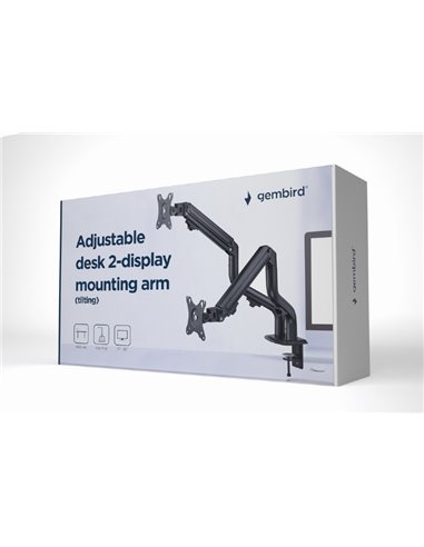 Arm for 2 monitors 17”-32” - Gembird MA-DA2-02, Steel (1.35 mm), Gas spring 2-8 kg per screen, VESA 75/100, arm rotates, exte...