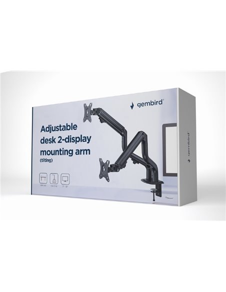 Arm for 2 monitors 17”-32” - Gembird MA-DA2-02, Steel (1.35 mm), Gas spring 2-8 kg per screen, VESA 75/100, arm rotates, exte...