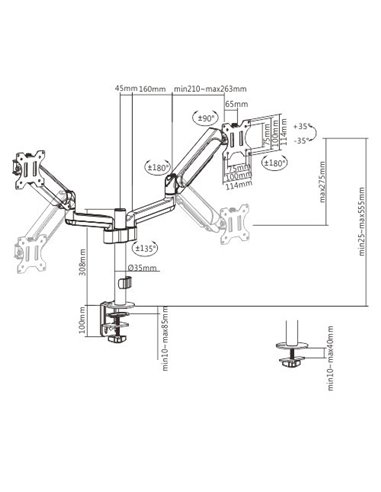 Arm for 2 monitors 17”-32” - Gembird MA-DA2P-01, Adjustable desk 2 displays mounting arm, Gas spring 2-9 kg, VESA 75/100, arm...