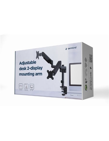 Arm for 2 monitors 17”-32” - Gembird MA-DA2P-01, Adjustable desk 2 displays mounting arm, Gas spring 2-9 kg, VESA 75/100, arm...
