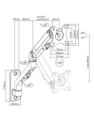 Monitor wall mount arm for 1 monitor up to 27” Gembird MA-WA1-02, Adjustable wall display mounting arm (rotate, tilt, swivel...