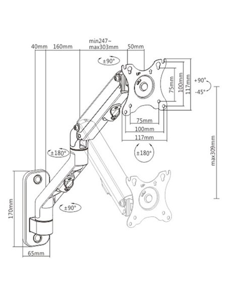 Monitor wall mount arm for 1 monitor up to 27” Gembird MA-WA1-02, Adjustable wall display mounting arm (rotate, tilt, swivel...