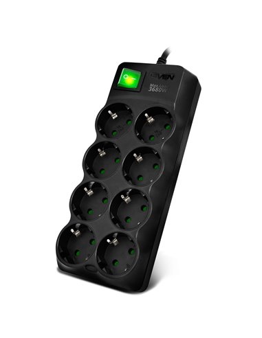 Surge Protector SVEN SF-08E-16, 8 Sockets, Children protection, 3.0m, ABS plastic, Black