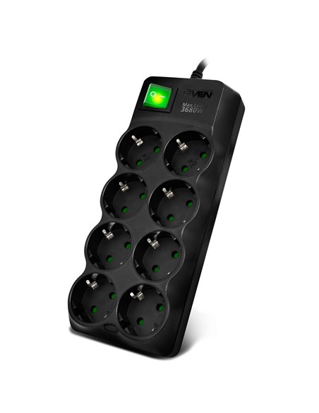 Surge Protector SVEN SF-08E-16, 8 Sockets, Children protection, 3.0m, ABS plastic, Black
