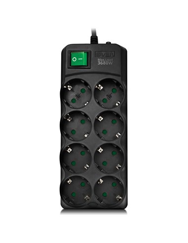 Surge Protector SVEN SF-08E-16, 8 Sockets, Children protection, 3.0m, ABS plastic, Black