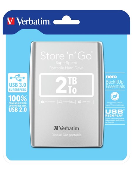 2.5” HDD Extern Verbatim Store 'n' Go G1 / USB3.0 / 2.0TB / Silver