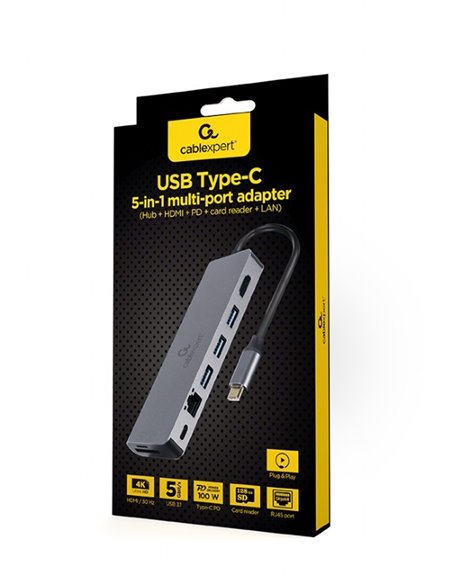 Adaptor Multiport Gembird A-CM-COMBO5-05/ USB-C/ 3xUSB-A/ 1xUSB-C (PD 100W)/ HDMI/ RJ45/ SD