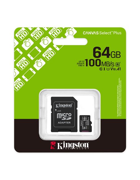 Карта памяти microSD 64GB Kingston Canvas Select Plus, 150MB/s + SD adapter
