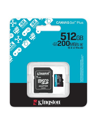 Card de memorie microSD 512GB Kingston Canvas Go Plus Gen 4, A2, up to 200MB/s, + SD adapter