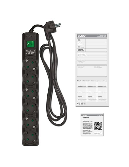 Фильтр сетевой SVEN SF-06E-16/ 6 Sockets/ 3680W/ 5.0m/ Black