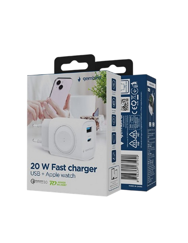 Încărcător Gembird 2 port + Încărcare fără fir pentru Apple Watch, 20W, Alb