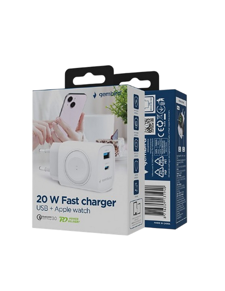 Încărcător Gembird 2 port + Încărcare fără fir pentru Apple Watch, 20W, Alb Încărcător Gembird 2 port + Încărcare fără fir pentru Apple Watch, 20W, Alb