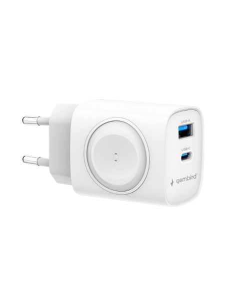 Încărcător Gembird 2 port + Încărcare fără fir pentru Apple Watch, 20W, Alb Încărcător Gembird 2 port + Încărcare fără fir pentru Apple Watch, 20W, Alb