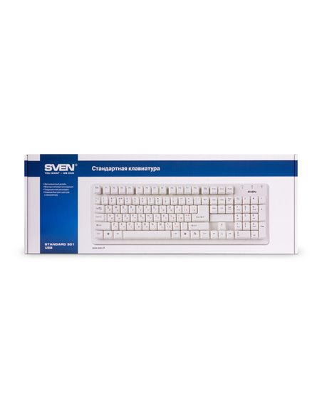 Keyboard SVEN Standard 301, Classic layout, Splash proof, Calculator key, 1.5m, USB, EN/RU, White Keyboard SVEN Standard 301, Classic layout, Splash proof, Calculator key, 1.5m, USB, EN/RU, White