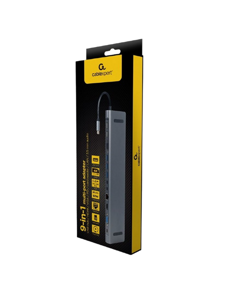 Adaptor Video Cablexpert A-CM-COMBO9-01, USB Type-C - LAN, VGA, HDMI, USB Type-C, USB Type-A, SD card-reader, Gri