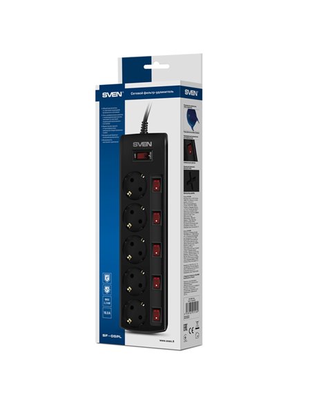 Surge Protector SVEN SF-05PL, 5 Sockets, 3.0m, individual switches, Black