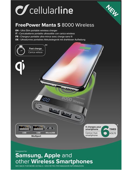 Портативное зарядное устройство Cellularline FreePower MANTA 8000 Wireless, 8мА·ч, Чёрный