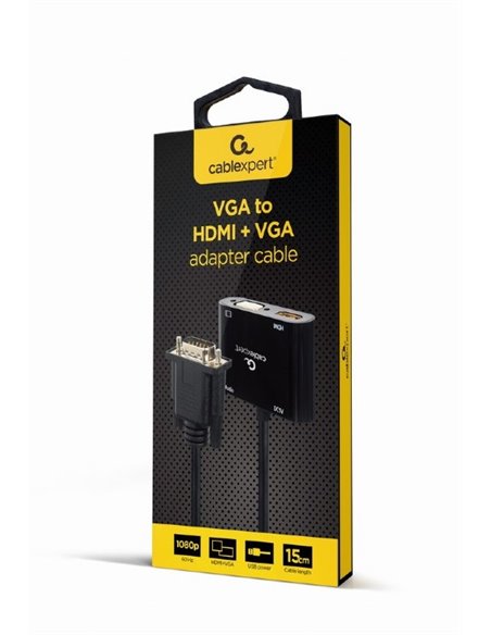 Переходник Cablexpert A-VGA-HDMI-02, VGA D-Sub (M) - HDMI (F) + VGA, 0.15 м, Чёрный