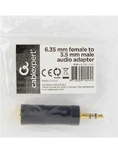 Аудио адаптер Cablexpert A-6.35F-3.5M, 6.35mm 3-pin (F) - 3.5mm 3-pin (M), Чёрный