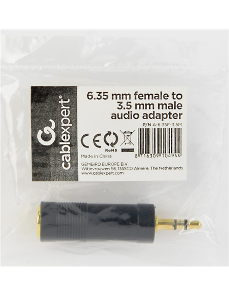 Аудио адаптер Cablexpert A-6.35F-3.5M, 6.35mm 3-pin (F) - 3.5mm 3-pin (M), Чёрный