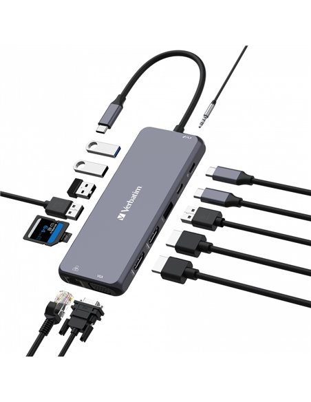 Adaptor Multiport Verbatim CMH-14/ USB-С/ 3xUSB-A 3.2/ 2xUSB-A/ 1xUSB-C PD(100W)/ 2xHDMI/ 1xVGA/ RJ45/ SD/ microSD