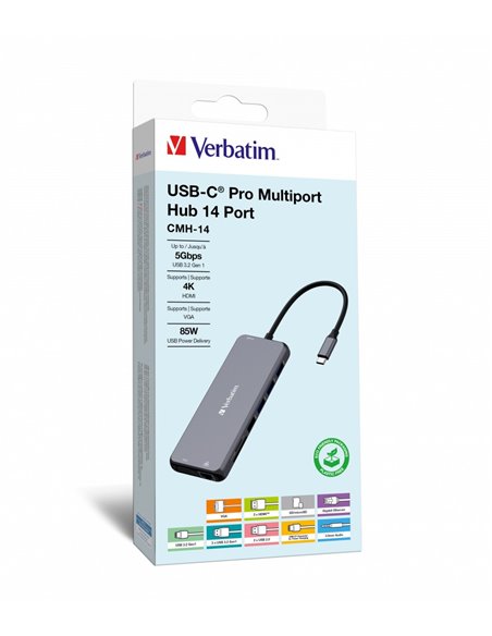 Adaptor Multiport Verbatim CMH-14/ USB-С/ 3xUSB-A 3.2/ 2xUSB-A/ 1xUSB-C PD(100W)/ 2xHDMI/ 1xVGA/ RJ45/ SD/ microSD