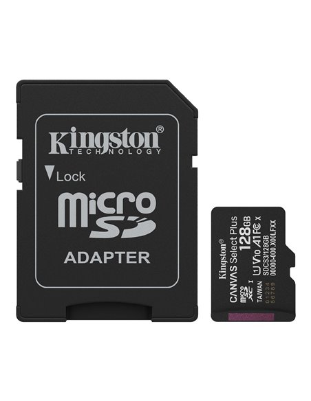 Карта памяти microSD 128GB Kingston Canvas Select Plus, 150MB/s + SD adapter