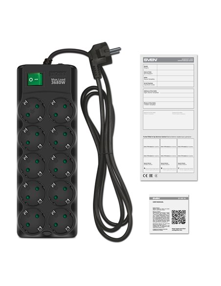 Фильтр сетевой SVEN SF-10E-16/ 10 Sockets/ 3680W/ 3.0m/ Black Фильтр сетевой SVEN SF-10E-16/ 10 Sockets/ 3680W/ 3.0m/ Black