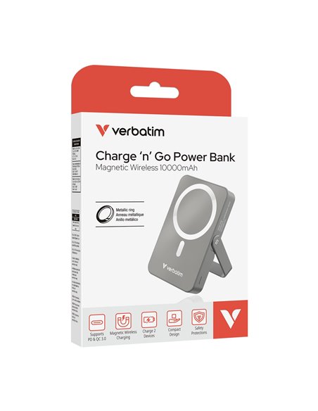 Магнитный беспроводной пауэрбанк с подставкой Verbatim Charge'n'Go / 10000 mAh / Gray
