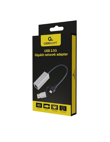 Adaptor de rețea Cablexpert A-USB3AC-LAN2G-01, USB Type-A (M) - USB Type-C (F), 0,15m, Gri