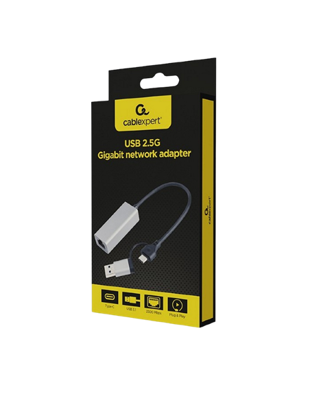 Adaptor de rețea Cablexpert A-USB3AC-LAN2G-01, USB Type-A (M) - USB Type-C (F), 0,15m, Gri