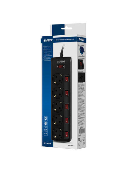 Prelungitor electric SVEN SF-05PL, 5 Prize, 3m, Negru