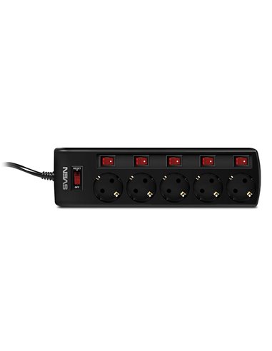 Surge Protector SVEN SF-05PL, 5 Sockets, 3.0m, individual switches, Black