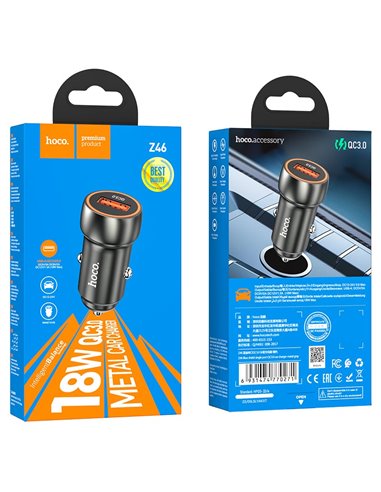 USB автомобильное зарядное устройство HOCO Z46 Blue shield / 1 x USB / Total output: 38W / up to PD3.0 / QC3.0 / Black