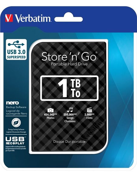 2.5” HDD Extern Verbatim ”Store 'n' Go” / USB3.0 / 1.0TB / Black