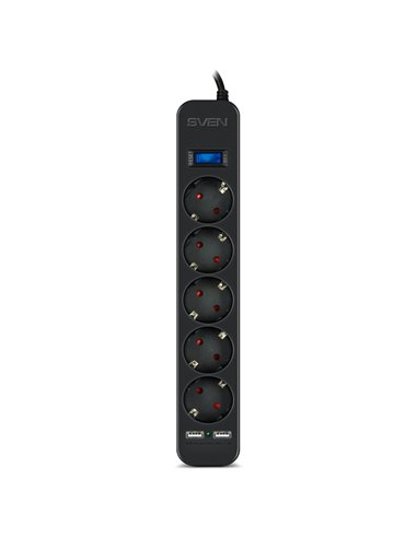 Surge Protector SVEN SF-05LU, 5 Sockets + 2 USB (2,4 A) , 1.8m, Black, color box