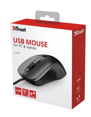 Trust Carve Optical Mouse, 1200 dpi, 3 button, USB, Black